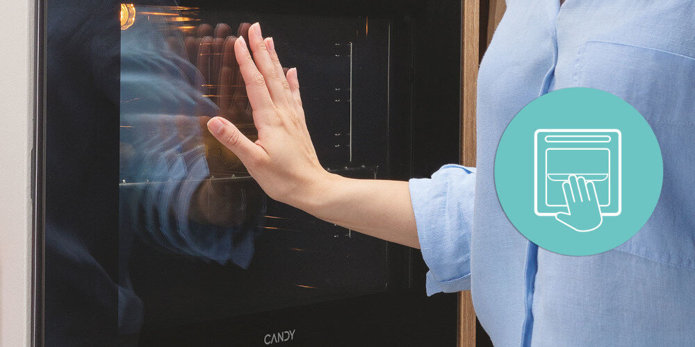 PIEKARNIK CANDY FIDCP N615 L Chłodna szyba dotyk grafika szklane drzwi bezpieczeństwo ochrona temperatura frontu 55°C komfort użytkowania