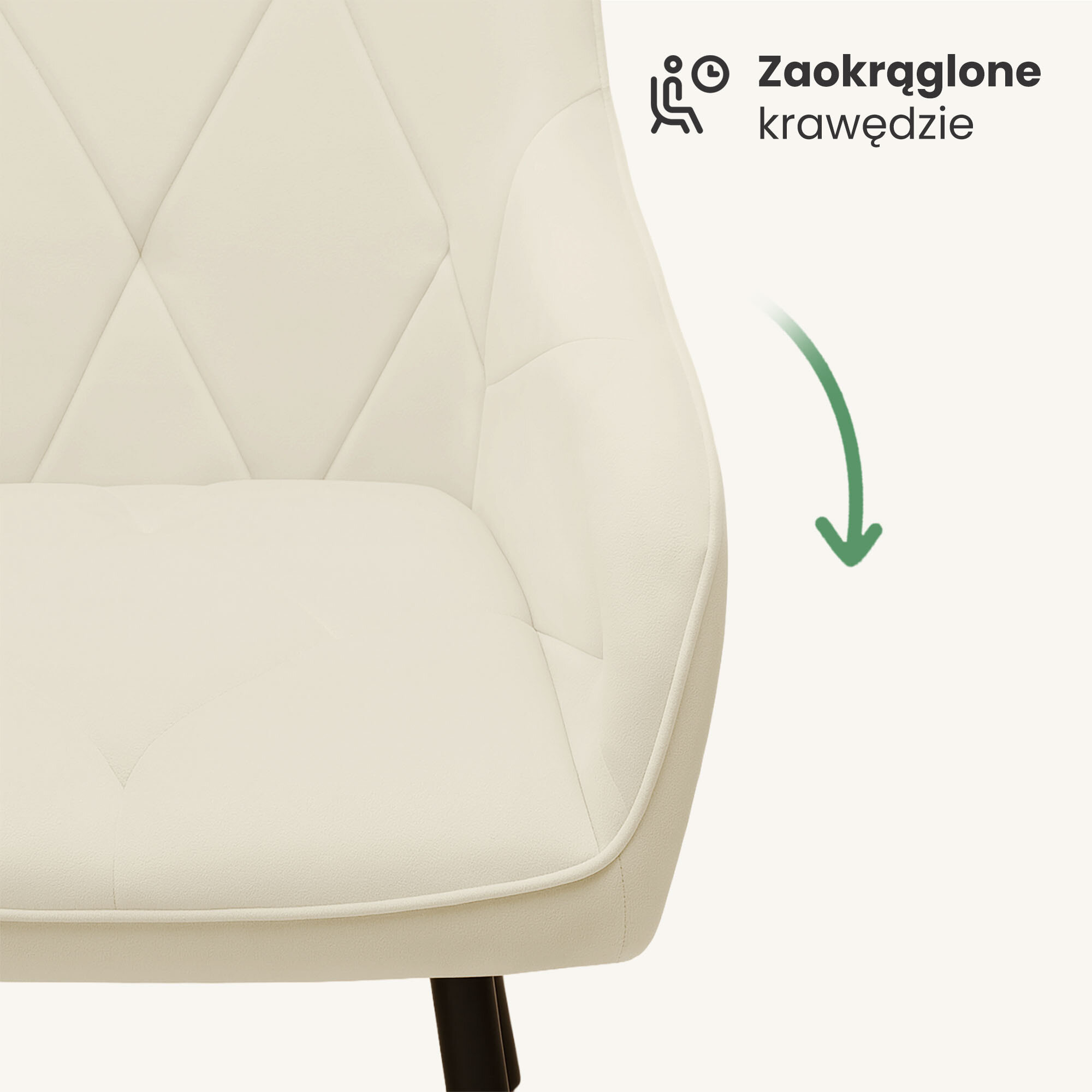 Obraz przedstawia kremowe, pikowane krzesło tapicerowane z czarnymi nogami. Widoczny jest tekst: \'Zaokrąglone krawędzie\'.