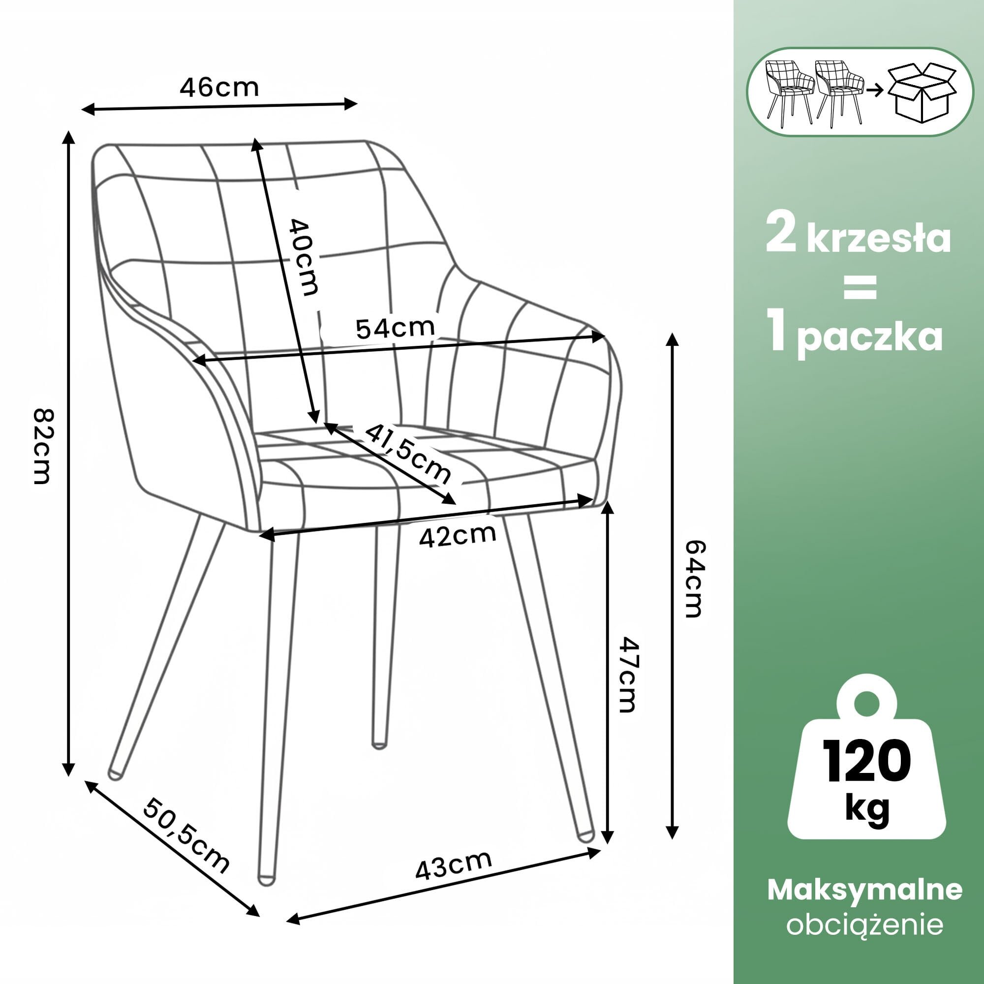 Schemat krzesła z wymiarami: wysokość 82 cm, szerokość 46 cm, głębokość siedziska 42 cm. Obok napis \'2 krzesła = 1 paczka\' oraz \'Maksymalne obciążenie 120 kg\'.
