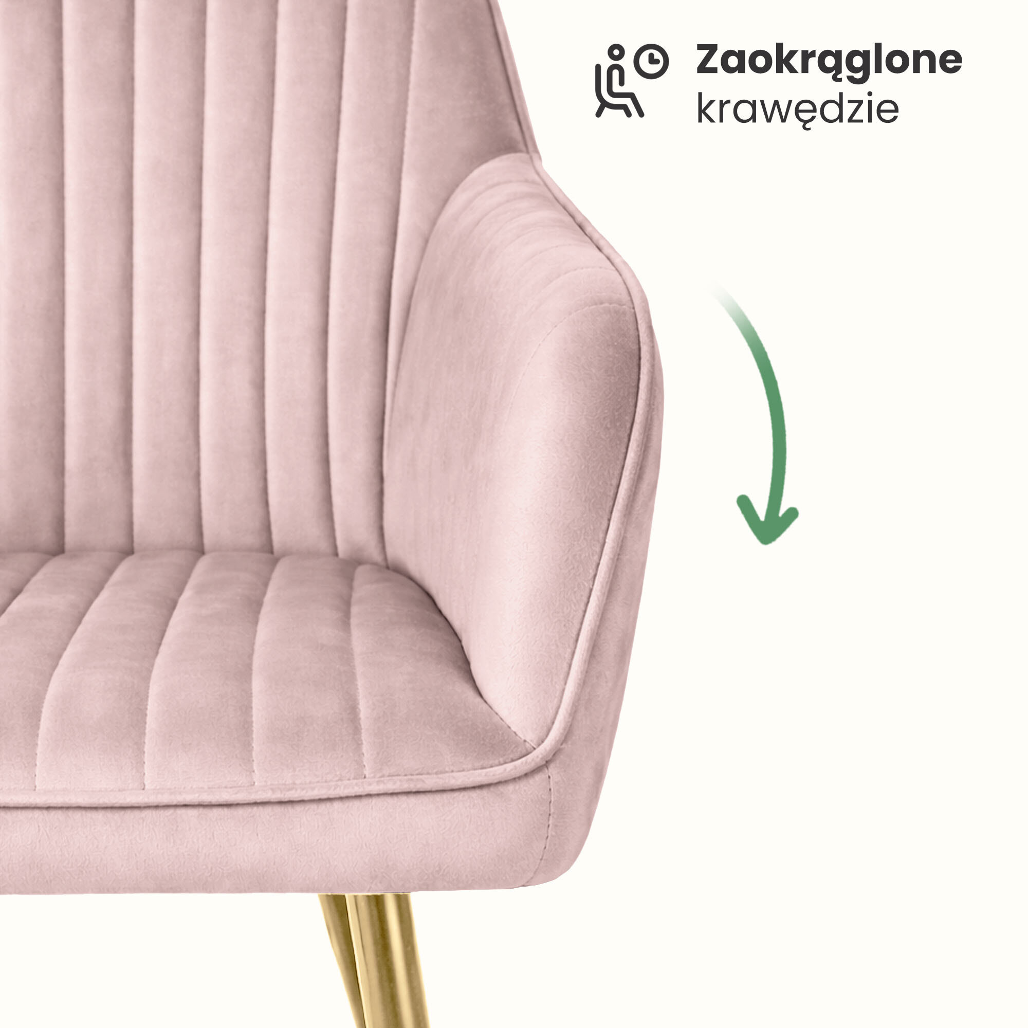 Welurowe krzesło w kolorze pudrowego różu z przeszyciami i złotymi nogami. Obok znajduje się tekst: \'Zaokrąglone krawędzie\'.