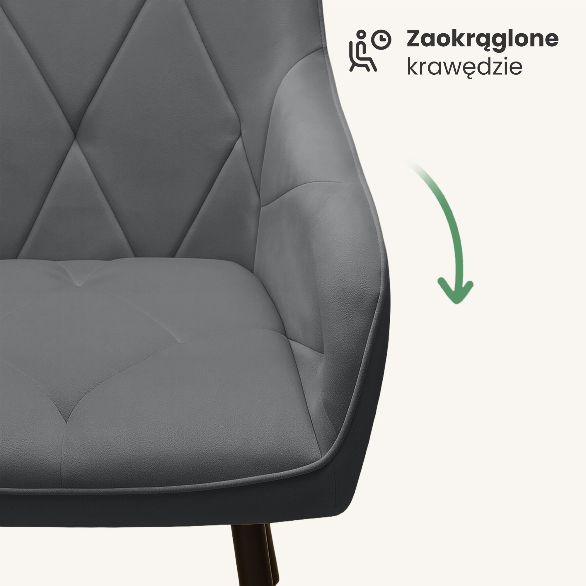 Obraz przedstawia fragment ciemnoszarego, pikowanego krzesła z zaokrąglonymi krawędziami. Obok znajduje się tekst: \'Zaokrąglone krawędzie\' oraz ikona przedstawiająca osobę siedzącą.