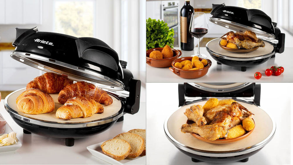 Na zdjęciu widoczny jest piec do pizzy z logo \'Ariete\', w którym znajdują się różne potrawy, takie jak croissanty i pieczone mięso z ziemniakami. Obok pieca znajdują się dodatki, takie jak pieczywo, warzywa i butelka wina.