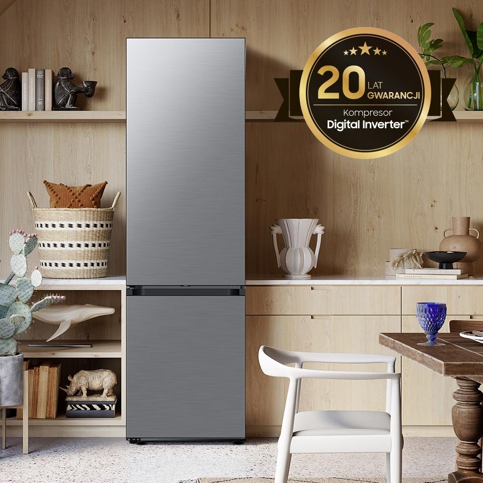 Zdjęcie lodówki Samsung RB38C7B6BAP z przykładowymi panelami ze szczotkowanej stali nierdzewnej zawiera informację o 20-letniej gwarancji na kompresor Digital Inverter