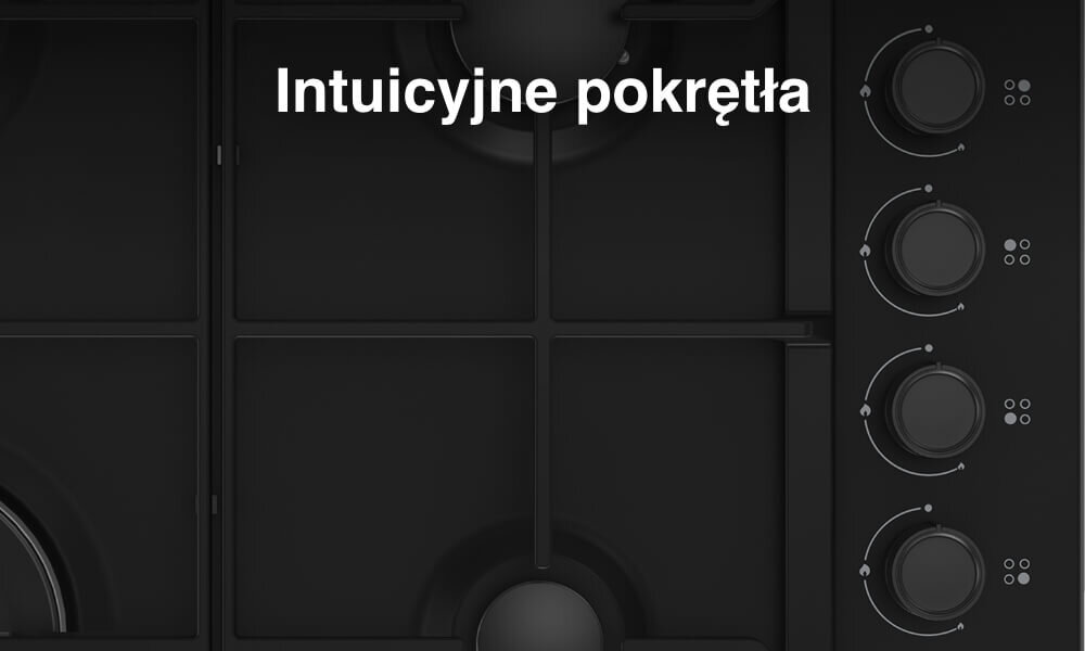 PŁYTA BEKO b100 HIBW64125SB Na grafice pokazano fragment czarnej płyty gazowej z widocznymi palnikami oraz czterema jasnymi pokrętłami ułożonymi pionowo po prawej stronie. U góry umieszczono biały napis „Intuicyjne pokrętła”, który podkreśla prostą i czytelną obsługę sterowania mocą płomienia łatwa regulacja płomienia precyzyjna kontrola komfort gotowania
