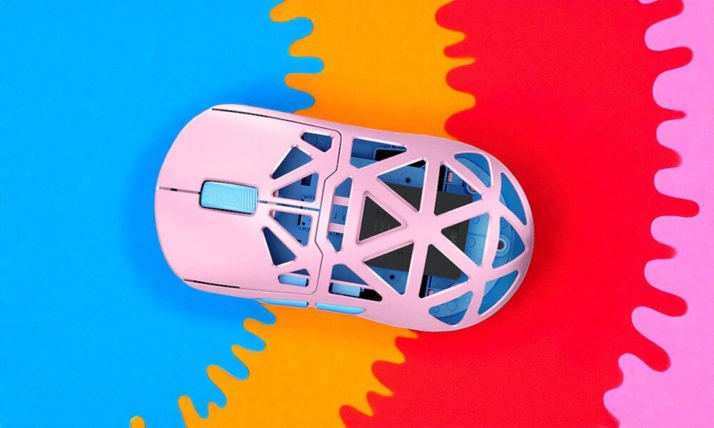 MCHOSE AX5 trzy tryby komunikacji 2,4 GHz odświeżaniem 1000 Hz odbiornik USB-A Bluetooth urządzeniami mobilnymi - myszka miedzy dwoma laptopami - myszka na kolorowym tle