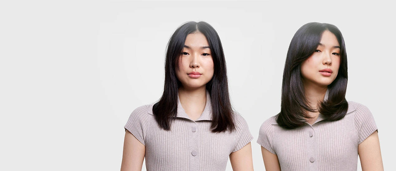 Modelka z prostymi włosami przed i po użyciu koncentratora do stylizacji.