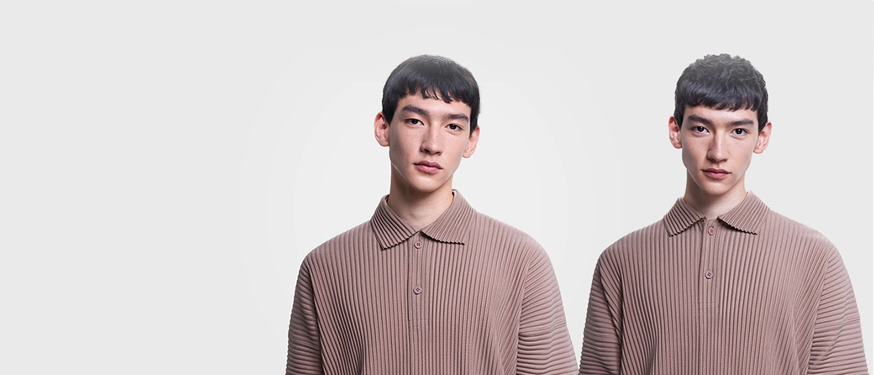 Model z krótkimi włosami przed i po użyciu końcówki do delikatnego suszenia.