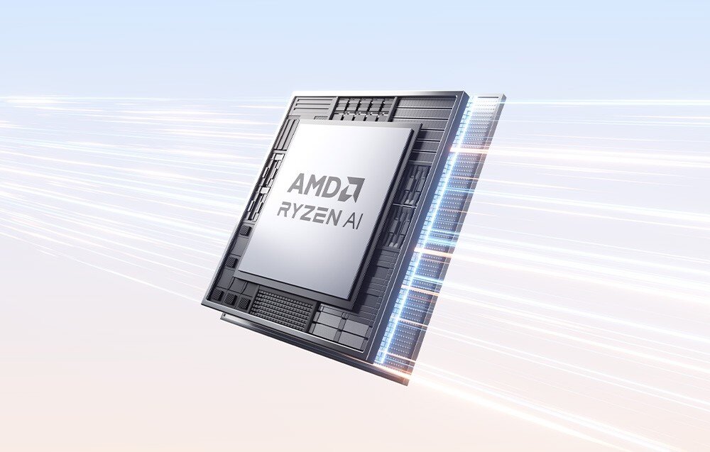 Komputer MINISFORUM X1-255 Procesor AMD Ryzen AI przedstawiony na jasnym tle z efektem smug światła