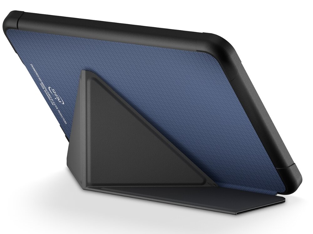Etui na Kindle Paperwhite 12 SKINARMA Trax Niebieski, klapka, podpora, komfort, podróż, etui na białym tle złożone w pozycję do czytania,
