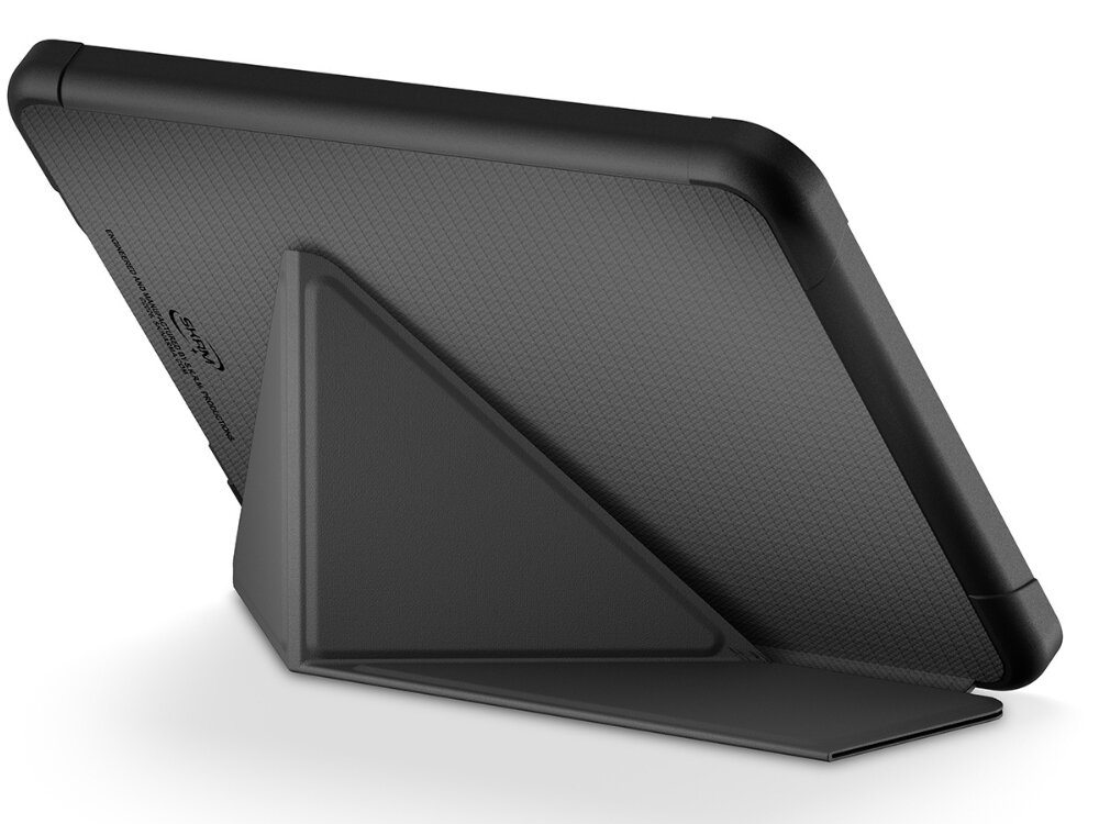 Etui na Kindle 11 SKINARMA Trax Gunmetal, klapka, podpora, komfort, podróż, etui na białym tle złożone w pozycję do czytania