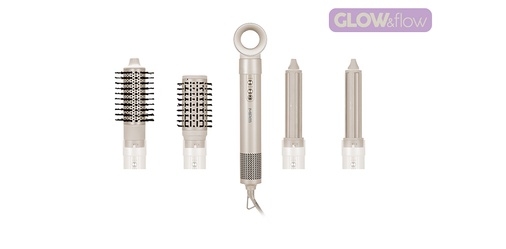 Suszarko-lokówka 5w1 MLW-27 i różne końcówki do stylizacji włosów.