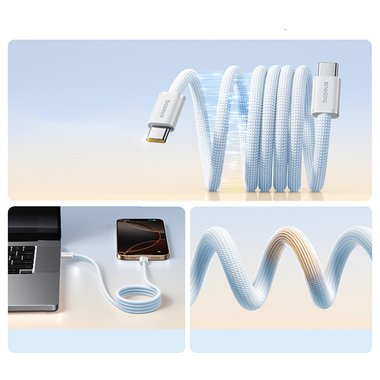 Obraz przedstawia biały kabel USB C z oplotem, z widocznymi końcówkami z logo \'Baseus\'. Kabel jest podłączony do laptopa i smartfona, a jego struktura jest pokazana w zbliżeniu.