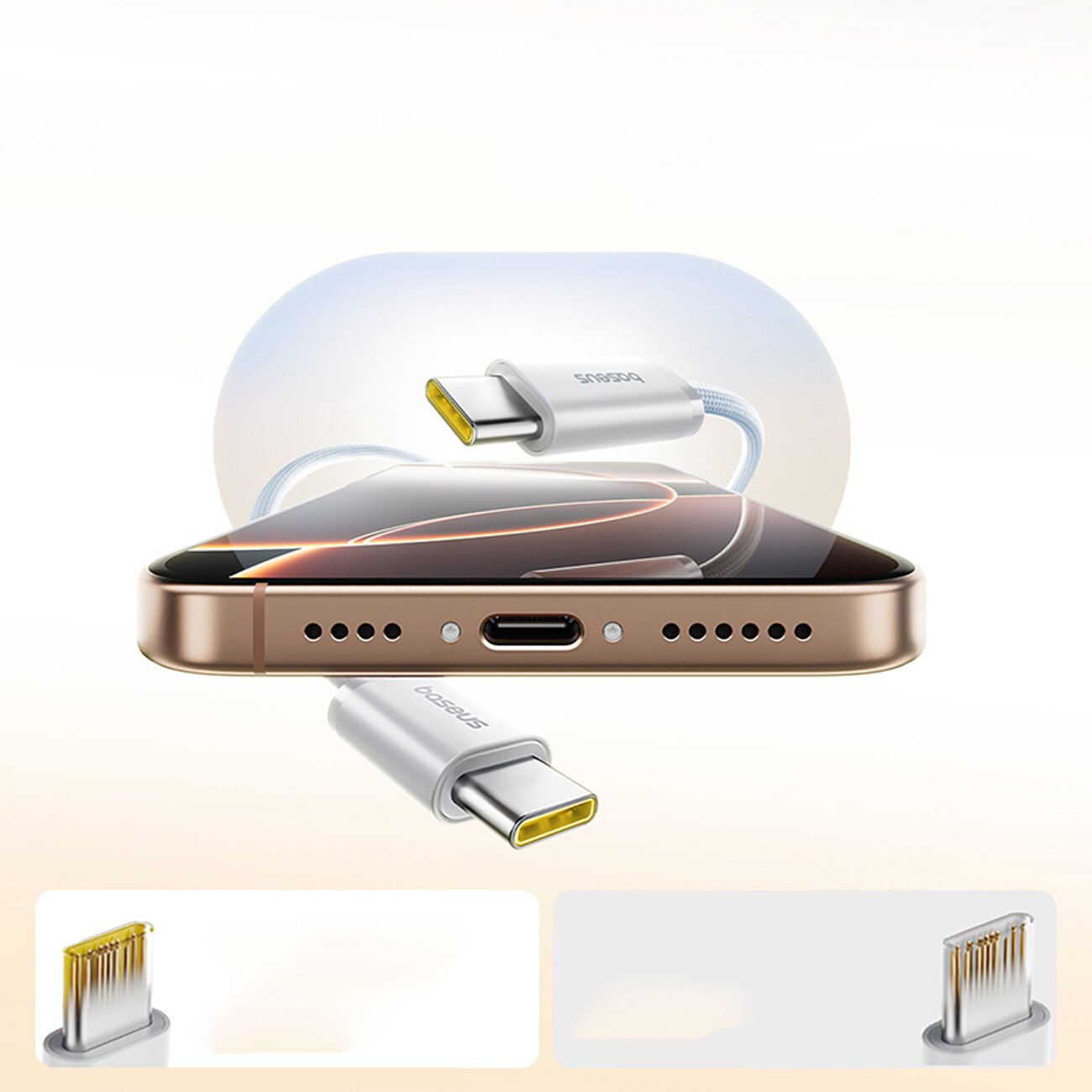Obraz przedstawia kabel USB C z metalowymi końcówkami, podłączony do smartfona. Na kablu widoczne jest logo \'Baseus\'.