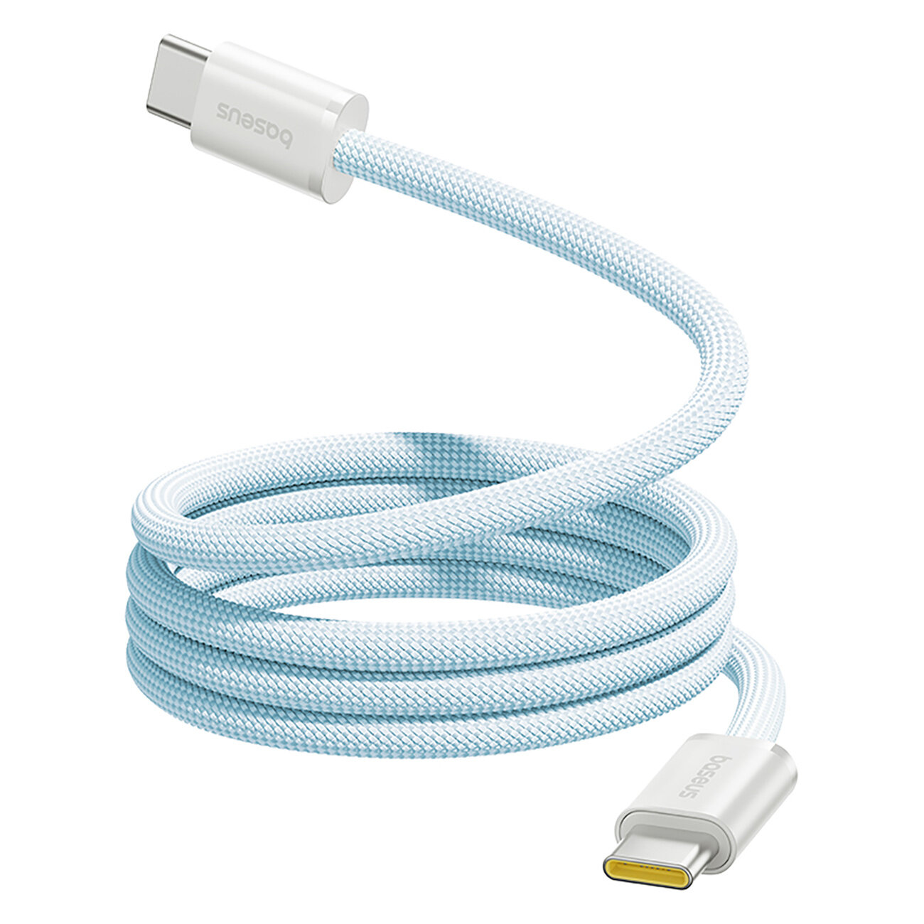 Na obrazie widoczny jest pleciony kabel USB-C w jasnym kolorze z metalowymi końcówkami. Na jednej z końcówek znajduje się napis \'Baseus\'.