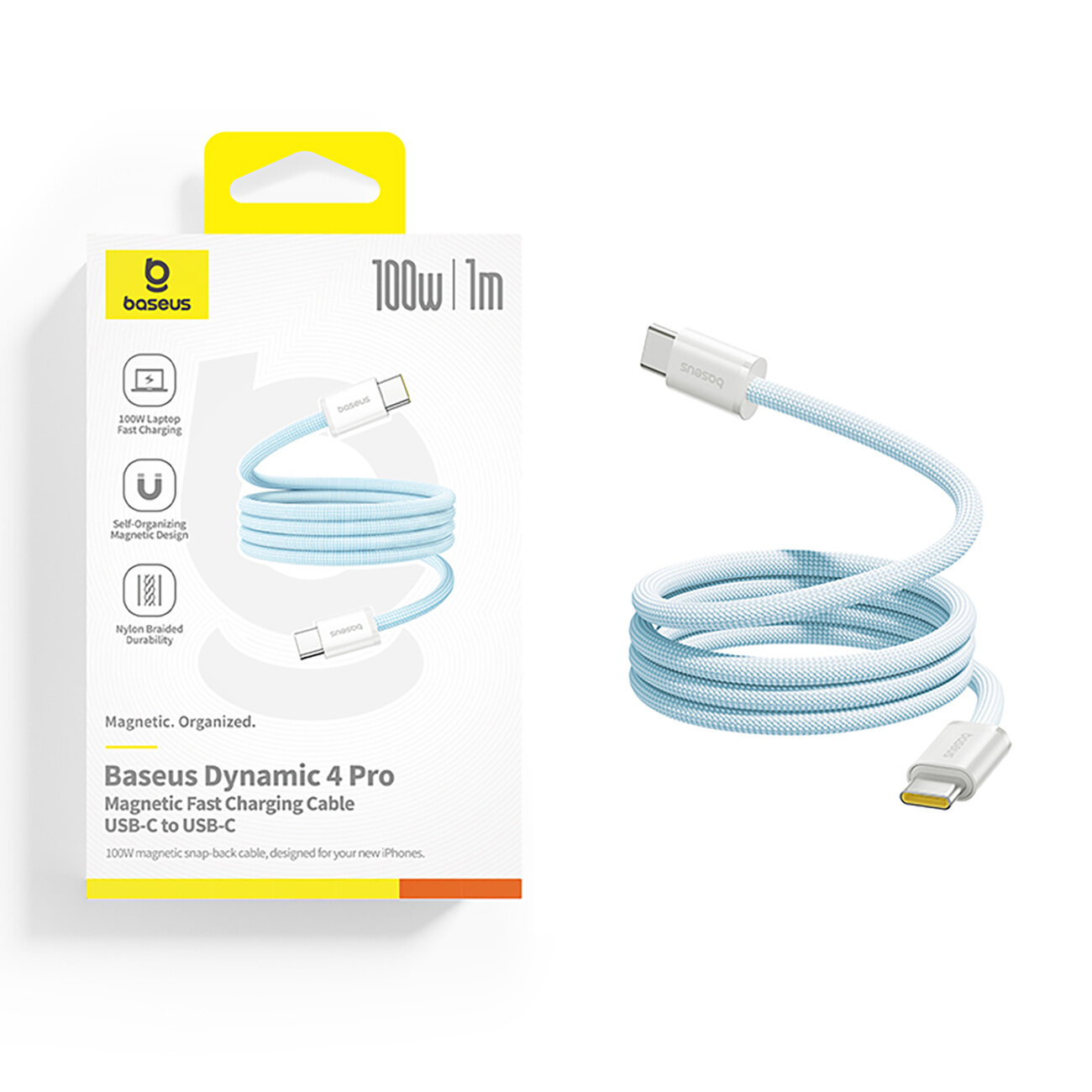Na obrazie widoczny jest kabel USB-C w oplocie oraz jego opakowanie z logo \'baseus\'. Opakowanie zawiera informacje: \'100W | 1m\', \'100W Laptop Fast Charging\', \'Self-Organizing Magnetic Design\', \'Nylon Braided Durability\'.