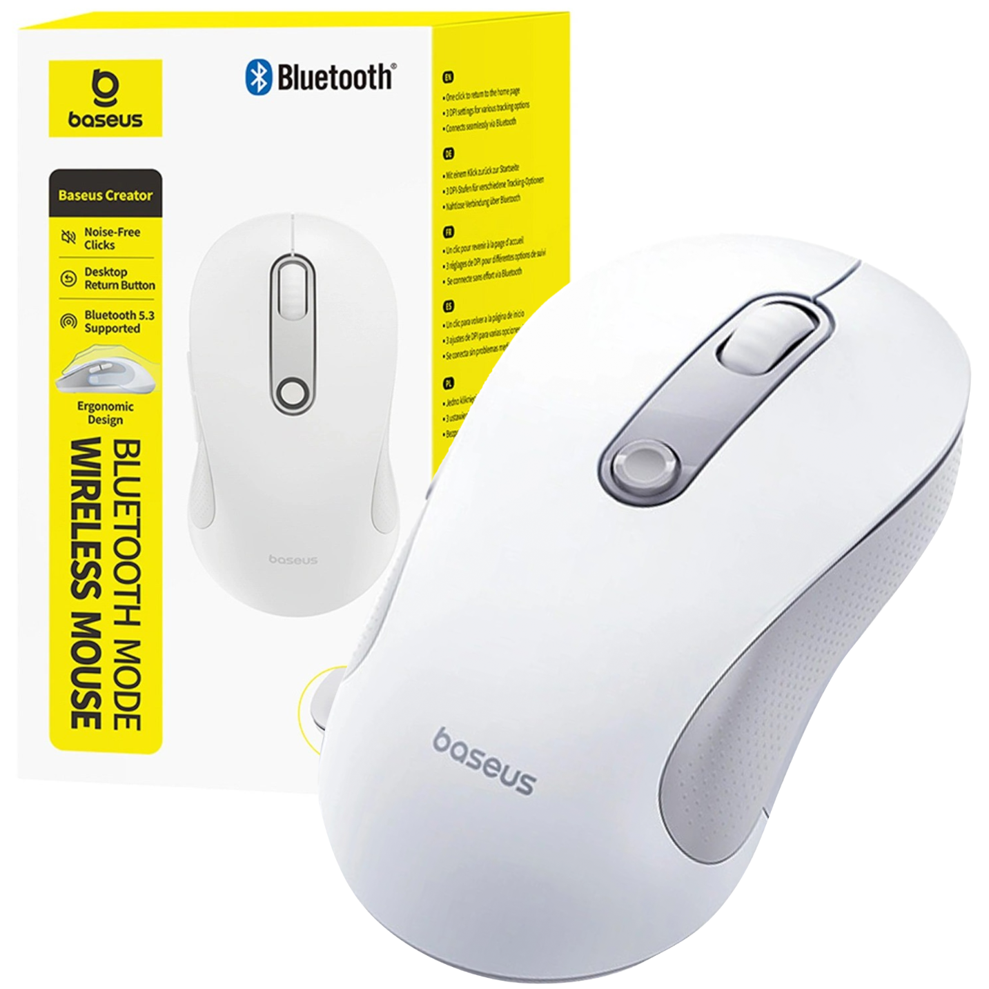 Na obrazie widoczna jest biała mysz bezprzewodowa z logo \'baseus\' oraz opakowanie z napisem \'Bluetooth Mode Wireless Mouse\'.