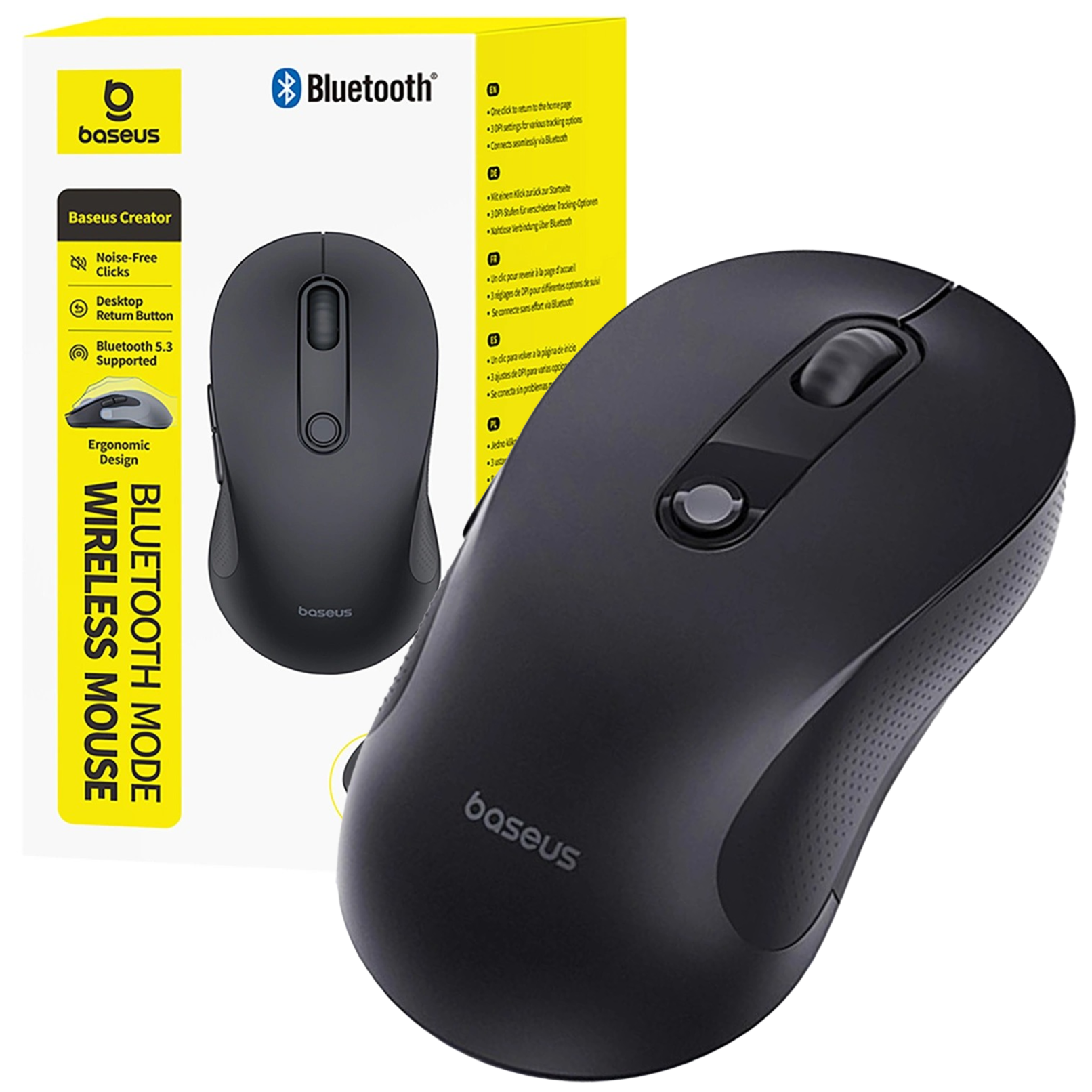 Na obrazie widoczna jest czarna myszka bezprzewodowa z logo \'baseus\' oraz opakowanie z napisem \'BLUETOOTH MODE WIRELESS MOUSE\'. Opakowanie zawiera dodatkowe informacje o funkcjach myszki, takich jak \'Noise-Free Clicks\' i \'Bluetooth 5.3 Supported\'.