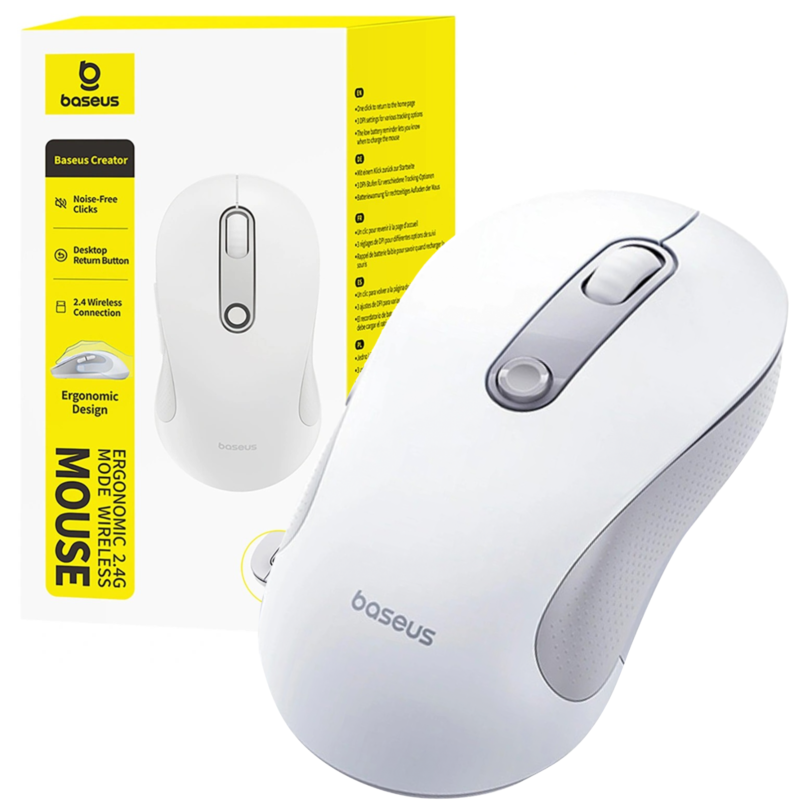 Na obrazie widoczna jest biała mysz bezprzewodowa z szarymi elementami oraz opakowanie z logo \'baseus\'. Opakowanie zawiera napisy: \'Noise-Free Clicks\', \'Desktop Return Button\', \'2.4 Wireless Connection\', \'Ergonomic Design\'.