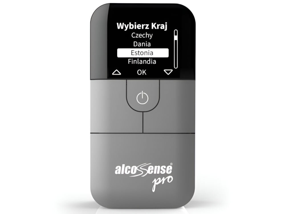 Alkomat z wyświetlaczem pokazującym menu wyboru kraju z opcjami: Czechy, Dania, Estonia, Finlandia. Na urządzeniu widoczne jest logo \'alcoSense pro\'.