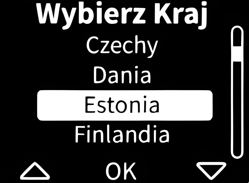 Ekran z wyborem kraju z listą: Czechy, Dania, Estonia, Finlandia. Opcja \'Estonia\' jest podświetlona, a na dole widoczny jest przycisk \'OK\'.