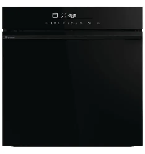 Zamknięty, czarny piekarnik Hisense – widok od przodu