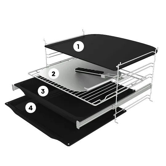 Wyposażenie piekarnika – różne rodzaje blach do pieczenia zaznaczone przy pomocy cyfr 1-4
