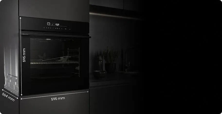 Piekarnik Hisense z zaznaczonymi wymiarami 595 mm (milimetrów) wysokości, 595 mm szerokości, 564 mm głębokości