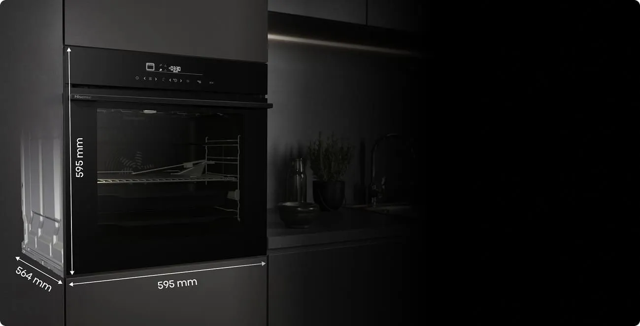 Piekarnik Hisense z zaznaczonymi wymiarami 595 mm (milimetrów) wysokości, 595 mm szerokości, 564 mm głębokości