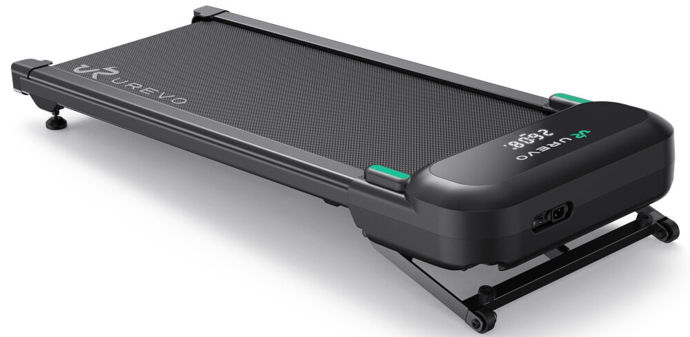 Bieżnia elektryczna UREVO Spacewalk 5L 600W 6 km-h bieżnia na białym tle widoczna od przodu pod skosem regularne ćwiczenia w domu zakres prędkości 1–6 km/h dopasowanie intensywności do indywidualnych potrzeb i kondycji użytkownika