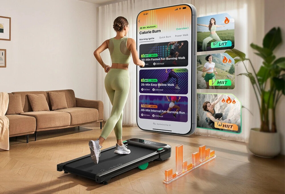 Bieżnia elektryczna UREVO Spacewalk 5L 600W 6 km-h pokój osoba trenuje na bieżni przed osobą wirtualne tło trzech ujęć z aplikacji aplikacja SmartCoach wirtualne trasy różnorodne programy treningowe MIIT średnia intensywność HIIT wysoka intensywność LIIT niska intensywność pozwala uczestniczyć w globalnych rankingach trybie Challenge