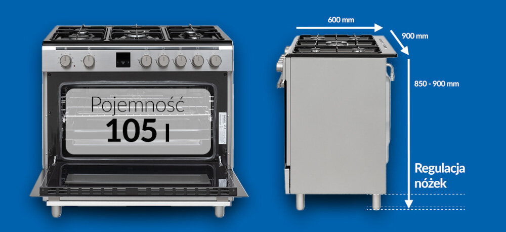 KUCHNIA DAEWOO F96CGDTE19INM-PL wizualizacja lifestyle niebieskie tło urządzenie front bok wymiary techniczne wnętrze otwarty piekarnik Optymalne wymiary szerokość 90 cm głębokość 60 cm regulowana wysokość piekarnik 105 litrów