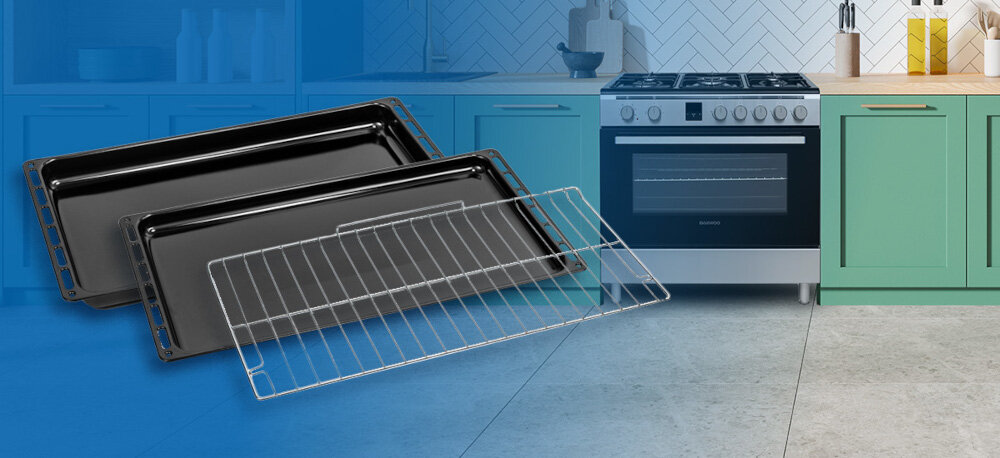 KUCHNIA DAEWOO F96CGDTE19INM-PL wizualizacja lifestyle wyposażenie wnętrza piekarnika blachy ruszt kuchnia w tle Przemyślane wyposażenie komplet kratka taca płytka głęboka mięso ryby smażenie pieczenie gotowanie bez rozlania maksymalny komfort intuicyjne gotowanie