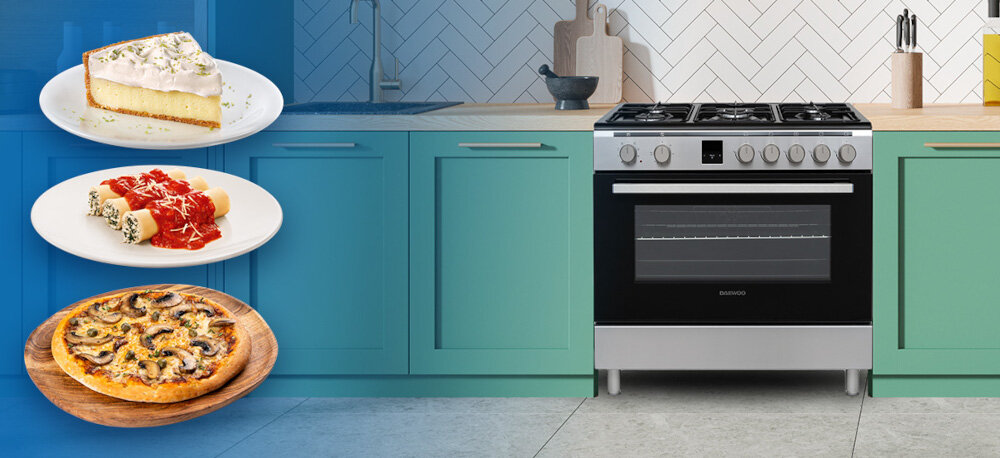 KUCHNIA DAEWOO F96CGDTE19INM-PL wizualizacja lifestyle kuchnia kuchenka front dania pizza ciasto naleśniki Bogaty wybór funkcji pieczenia 9 programów oświetlenie rozmrażanie termoobieg z pierścieniem grzanie góra + dół góra + dół z termoobiegiem tryb pizzy grill podwójny grill podwójny grill z termoobiegiem