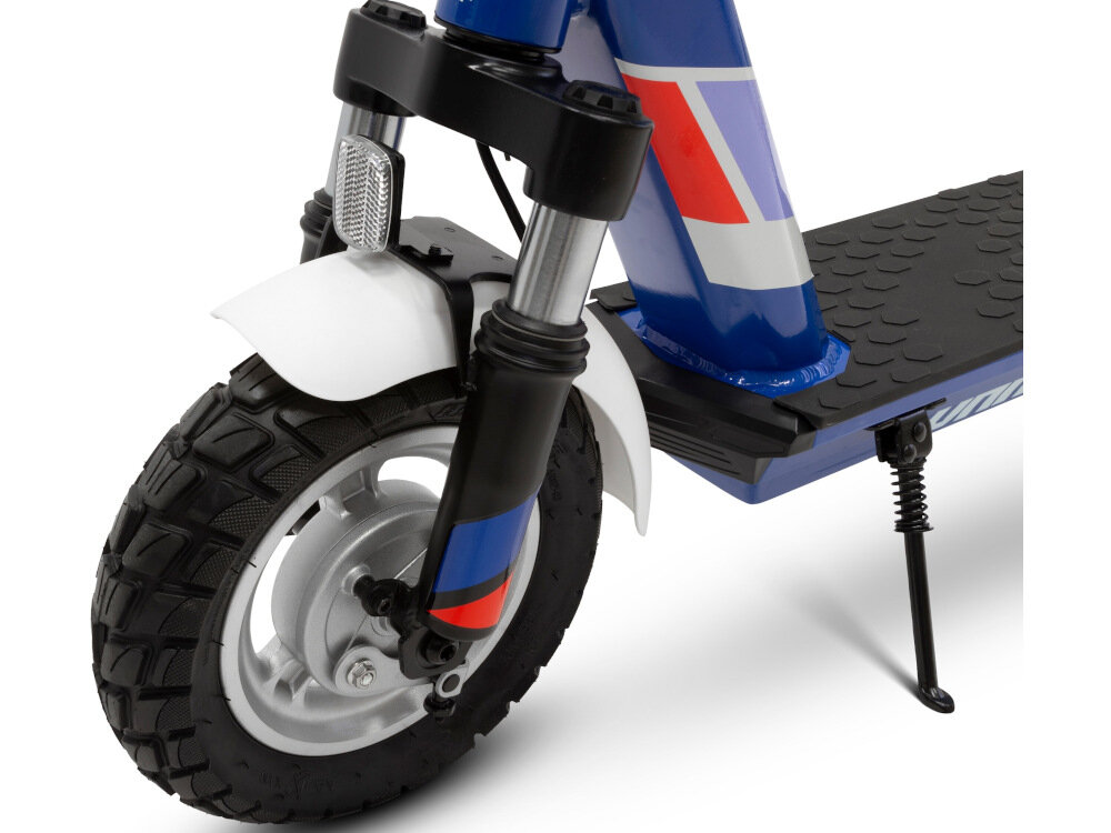 Hulajnoga elektryczna APRILIA Tuareg Granatowy opony 10-calowe detkowe z njwyzszej klay materialow mniej podatne na uszkodzenia mechaniczne przedni amortyzator gruby bieznik tlumi drgania jazd aplynna wygodna