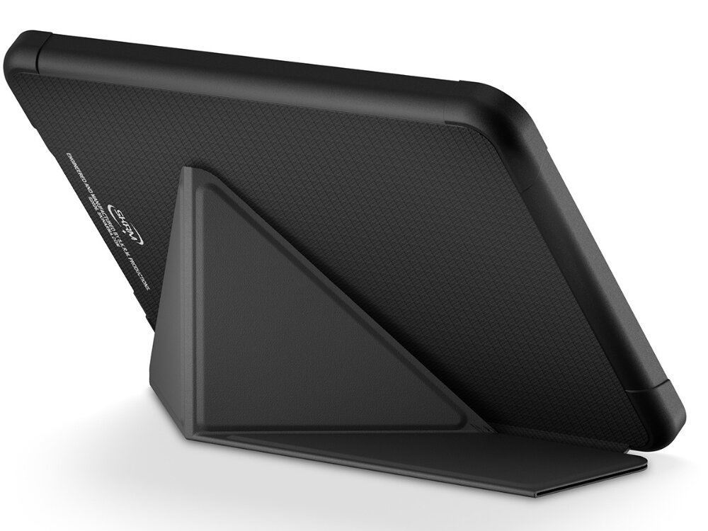 Etui na Kindle Paperwhite 12 SKINARMA Trax Czarny, klapka, podpora, komfort, podróż, etui na białym tle złożone w pozycję do czytania,