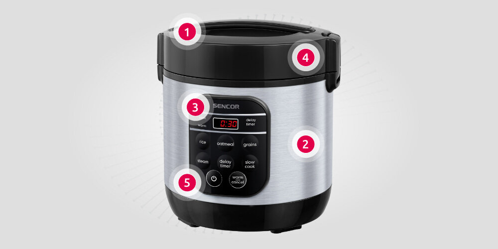 Ryżowar SENCOR SRM 0650SS Funkcjonalny pokrywka uchwyt otwór wyjmowane naczynie Wyświetlacz 5 programów wybór koszyk gotowanie