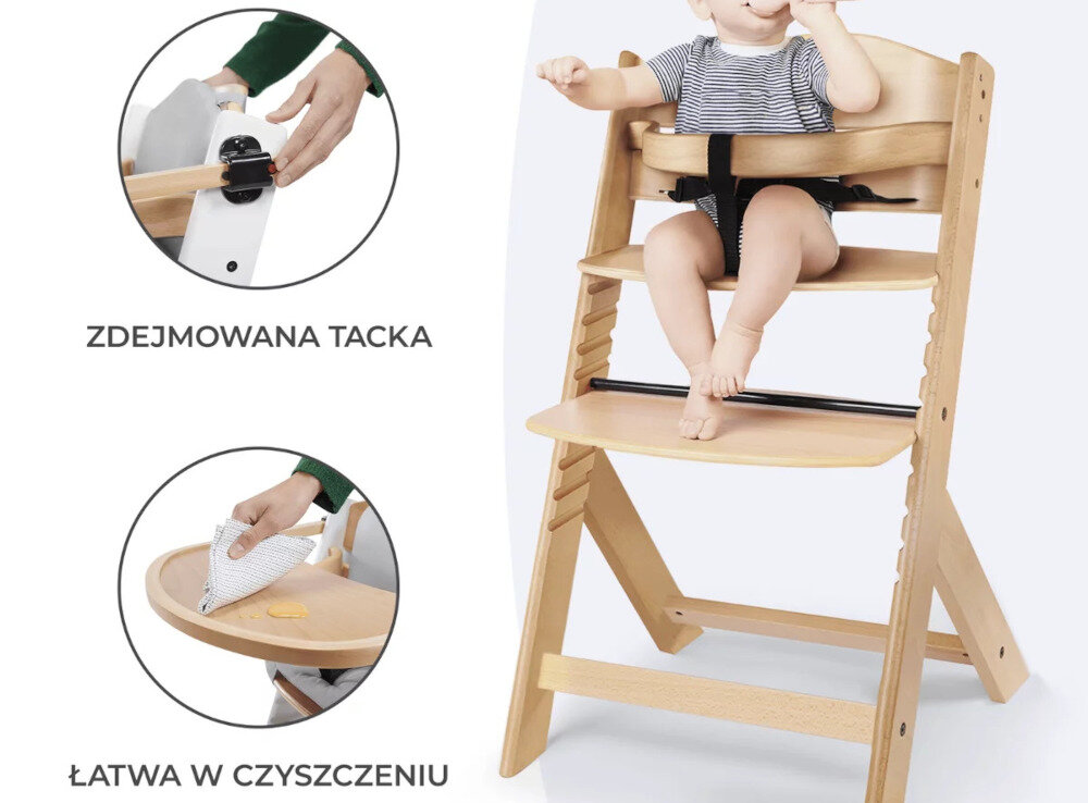 Krzesełko do karmienia KINDERKRAFT Enock Szary Wygoda dla dziecka Szerokie i głębokie siedzisko Praktyczną tackę można szybko odpiąć i umyć higiena pielęgnacja ułatwienie