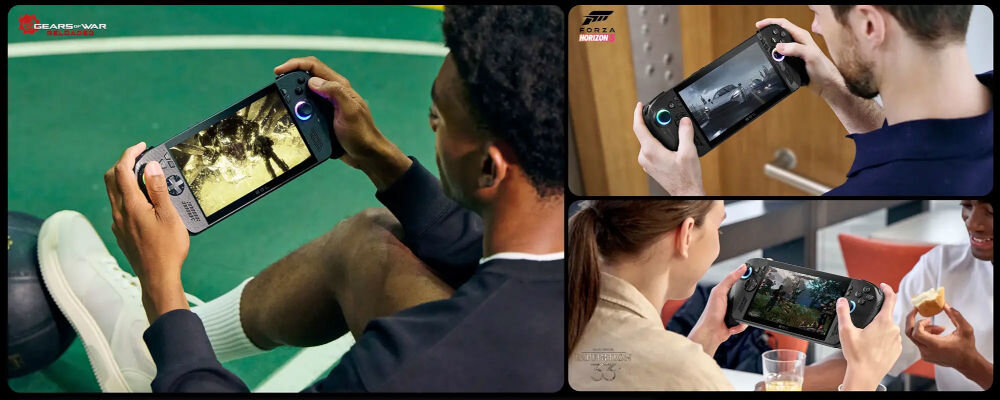 Konsola ASUS ROG Xbox Ally X RC73XA Czarny przedstawienie konsoli podczas użytkowania i grania w gry ergonomiczne kontrolery analogowe drążki spusty naturalny chwyt dokładne sterowanie