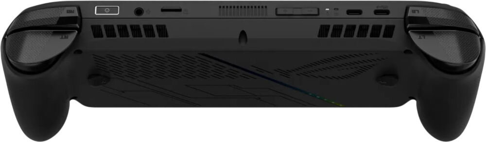 Konsola ASUS ROG Xbox Ally X RC73XA Czarny pokazanie złącz i czytnika kart na białym tle 2 x USB 3.2 gen 2 typ C USB4 czytnik kart UHS-II microSD kompatybilny z kartami SD, SDXC oraz SDHC, UHS-I z trybem DDR200 3.5 mm Combo Audio Jack wygodne podłączenie