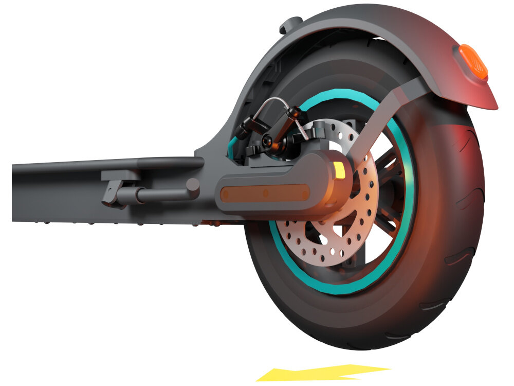 Hulajnoga elektryczna MOTUS Scooty 10 Lite Gen 6 30km 350W Amortyzacja 10 cali Szary zbliżenie na tylne koło podświetlenie światła stopu strzałka pokazująca kierunek jazdy zdjęcie na białym tle bezpieczeństwo przedni hamulec bębnowy mechaniczny tylny hamulec tarczowy mechaniczny bardzo duża siła hamowania niemal bezawaryjne działają na każdej nawierzchni