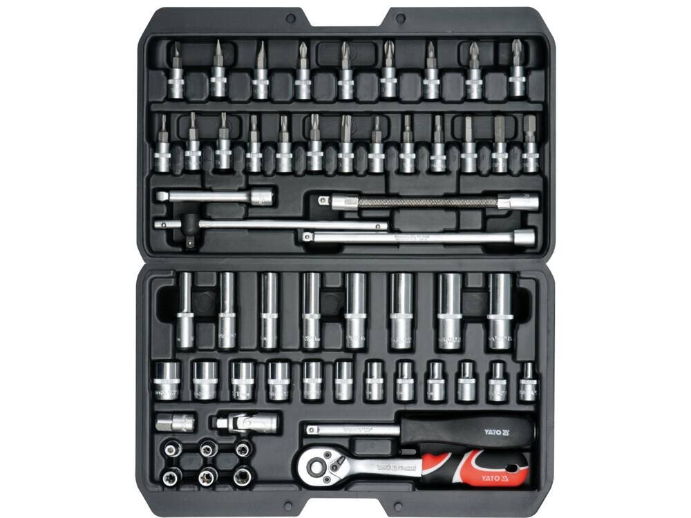 Zestaw kluczy nasadowych YATO YT-14501 56 elementów nasadki w rozmiarach od 4 mm do 13 mm szeroki zakres zastosowan system AS-Drive wiekszy moment obrotowy o 25%