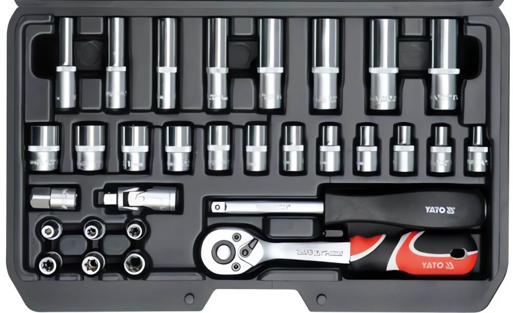 Zestaw kluczy nasadowych YATO YT-14501 56 elementów grzechotka 72 zeby skok roboczy 5° wygoda komfort ergonomiczny ksztalt solidne wykonanie