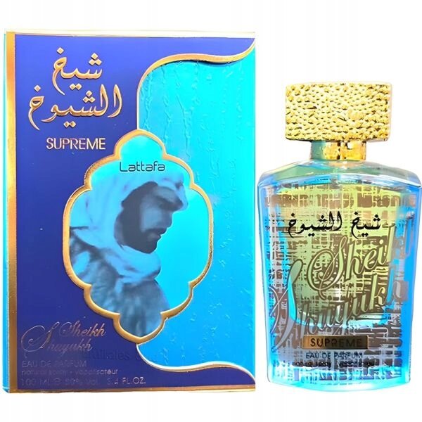 Na obrazie widoczna jest butelka perfum z napisem \'Sheikh Shuyukh Supreme\' oraz opakowanie z wizerunkiem postaci i logo \'Lattafa\'.