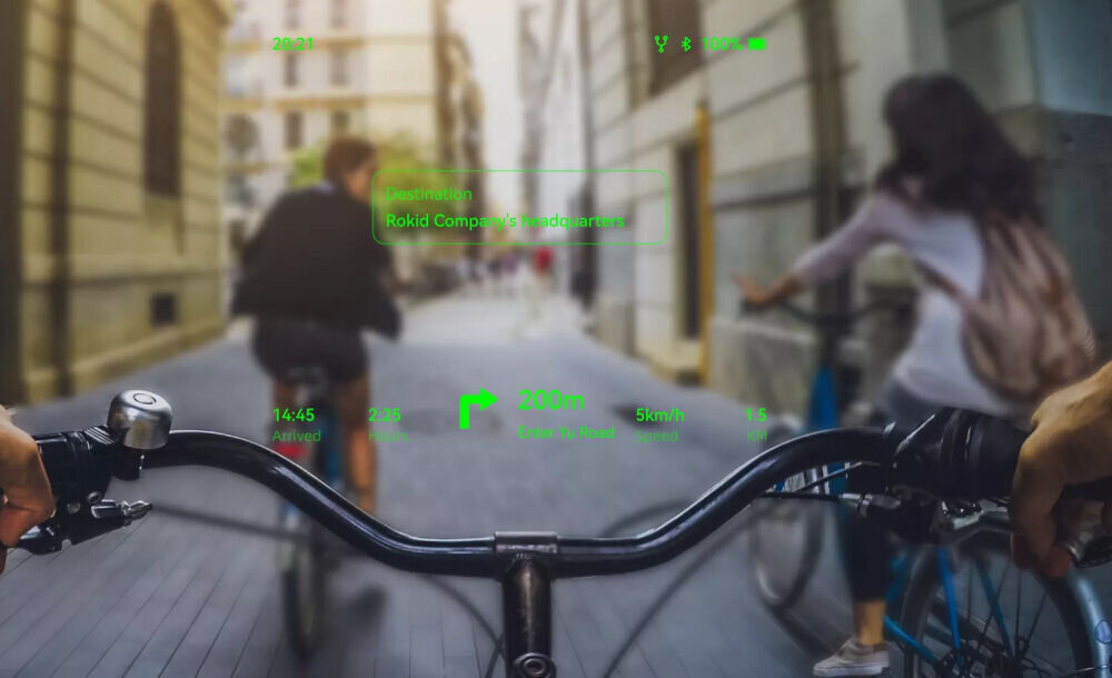Okulary AI kamera 12 MP nagrywanie POV HDR noc Widok z perspektywy pierwszej osoby podczas jazdy rowerem z wykorzystaniem okularów Rokid wyświetlających nawigację GPS, dystans do celu i aktualną prędkość