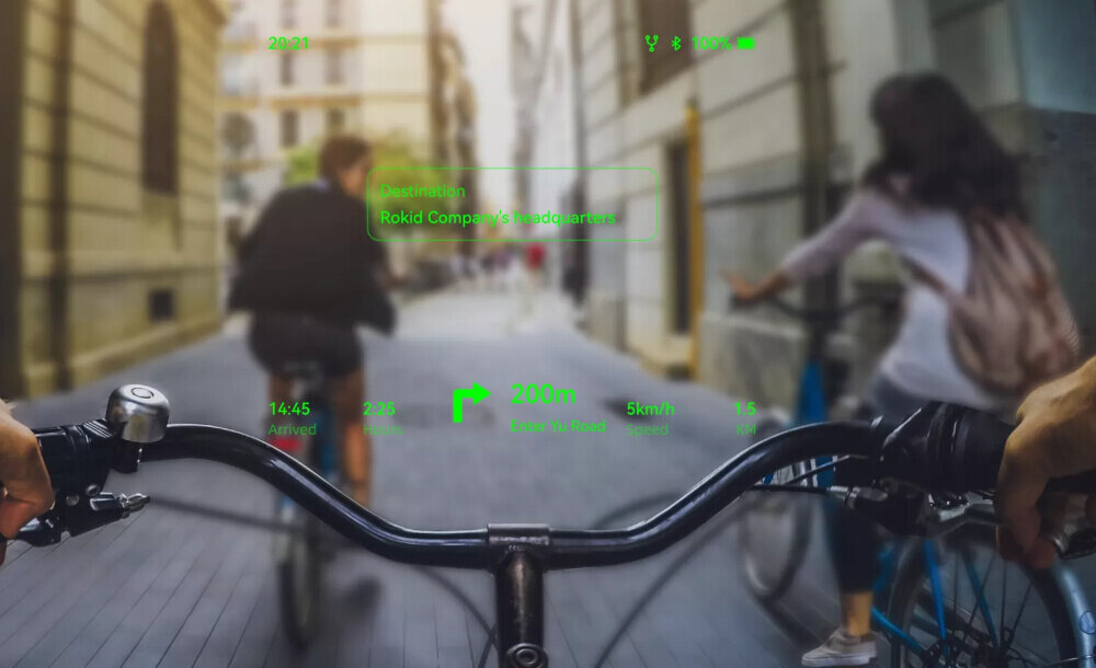 Okulary AI kamera 12 MP nagrywanie POV HDR noc Widok z perspektywy pierwszej osoby podczas jazdy rowerem z wykorzystaniem okularów Rokid wyświetlających nawigację GPS, dystans do celu i aktualną prędkość