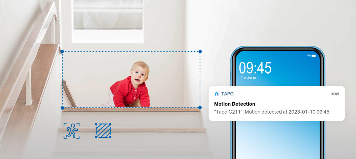 Kamera TP-LINK Tapo C211 Wewnętrzna, Wi-Fi, Kamera obrotowa, obiekt, śledzenie, zdarzenie, kontrola, w tle dziecko idące na czworaka po schodach, i telefon z powiadomieniem o ruchu