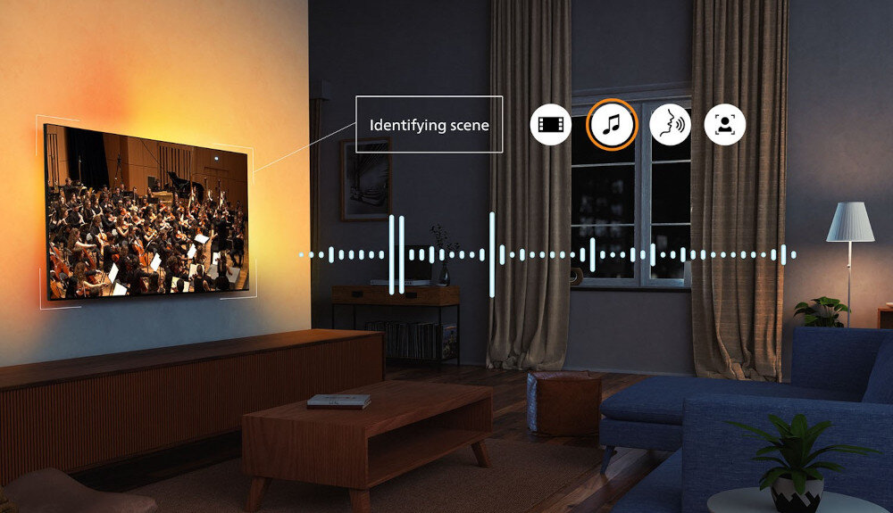 Telewizor PHILIPS 65OLED820 silnik IntelliSound AI optymalizacja dźwięku, telewzior zawieszony na ścianie w pomieszczeniu