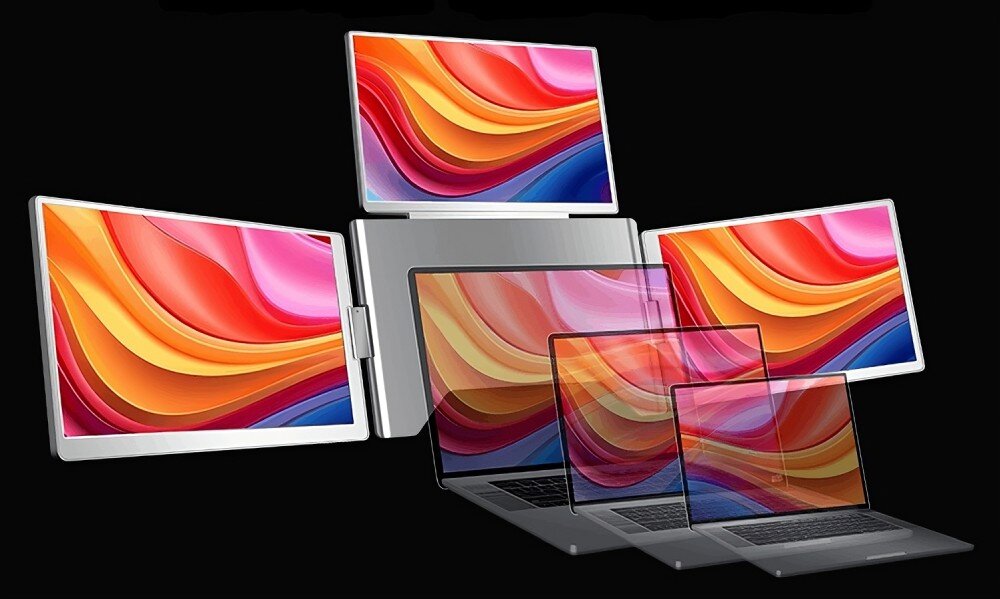 Monitor EXTRALINK Smart Life S780 Na pierwszym planie laptop z trzema dodatkowymi ekranami, na drugim zwykły laptop bez dodatkowych wyświetlaczy, kompatybilność, podłączenie