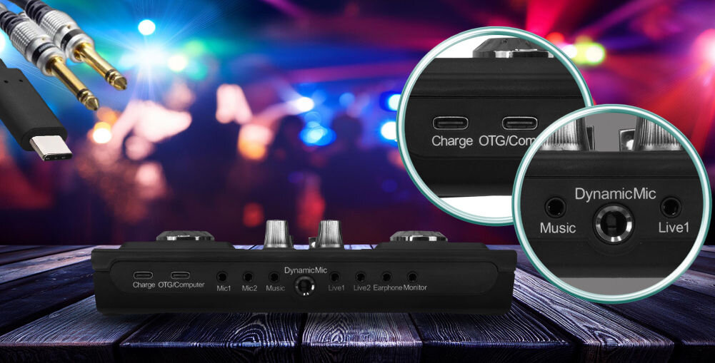 Mikser audio MUSICMATE MM-SC200 SonicLink trzy wejścia mikrofonowe 2x jack 3,5 mm jack 6,3 mm dwa wejścia live jack 3,5mm wyjście słuchawkowe odsłuchowe jack 3,5 mm ORT/ USB-c kolorowe podświetlenie przycisków