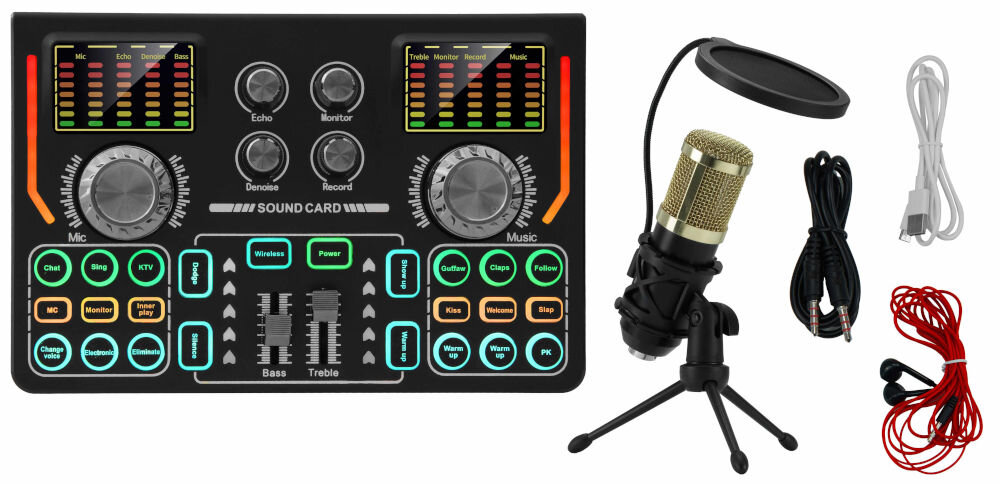 Mikser audio MUSICMATE MM-SC200 SonicLink, mikrofon ze statywem, filtr pop, kabel USB-A / USB-C, kabel AUX (jack 3,5 mm / jack 3,5 mm), słuchawki odsłuchowe jack 3,5 mm), dokumentacja